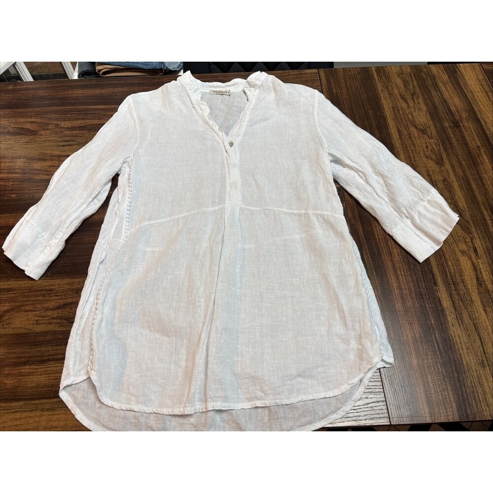 Laura Bianchi Blouse Womens White 100% Linen 3/4 Sleeve Tunic Top Italy Size L
